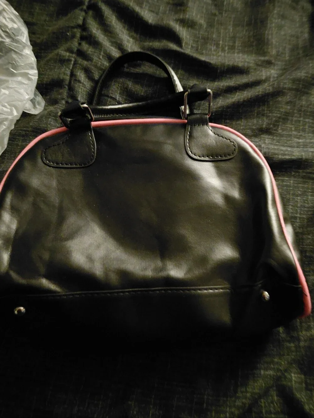 Stylish Black & White Dome Bag with Pink Trim and 86 Appliqué